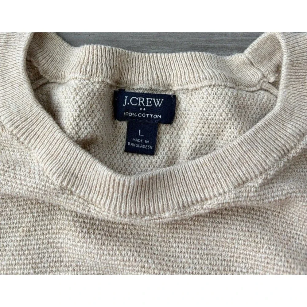 J Crew Mens Large Crewneck Sweater Beige Textured Knit Raglan Pullover Cotton L